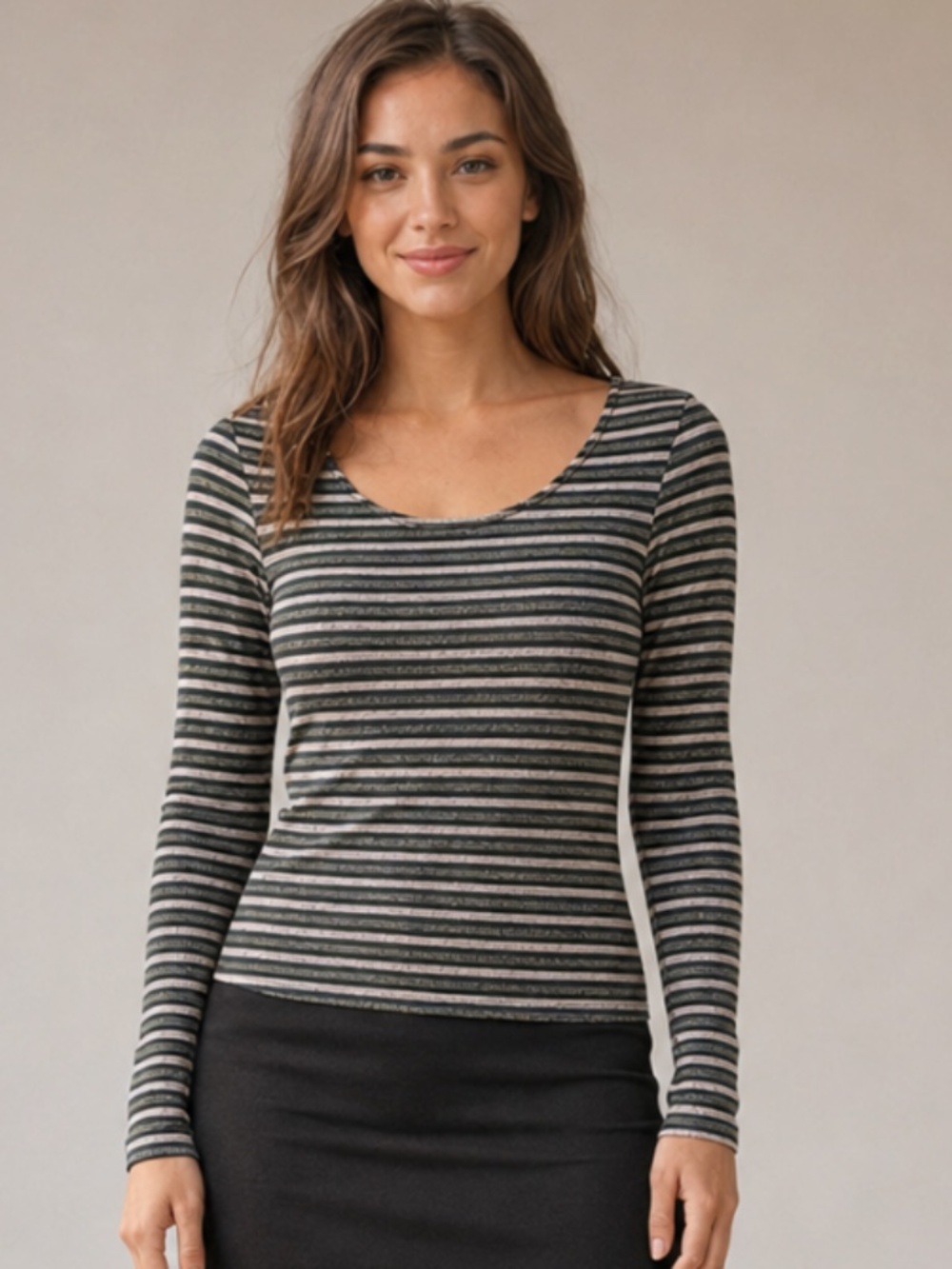 Numph | Pinstriped Long-Sleeve Scoop Neck Top | Size XS